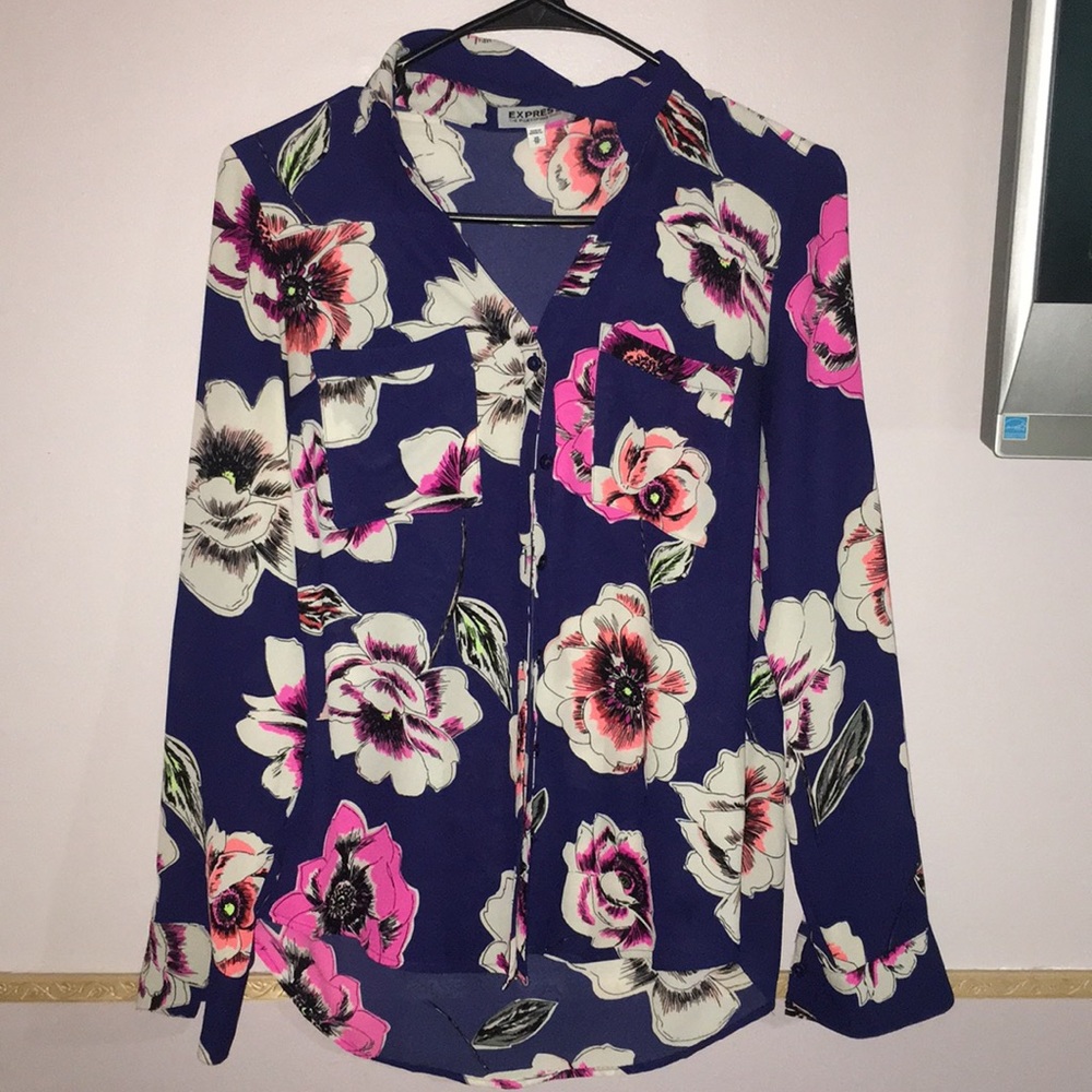 Express Portofino Blue Flower Shirt XS